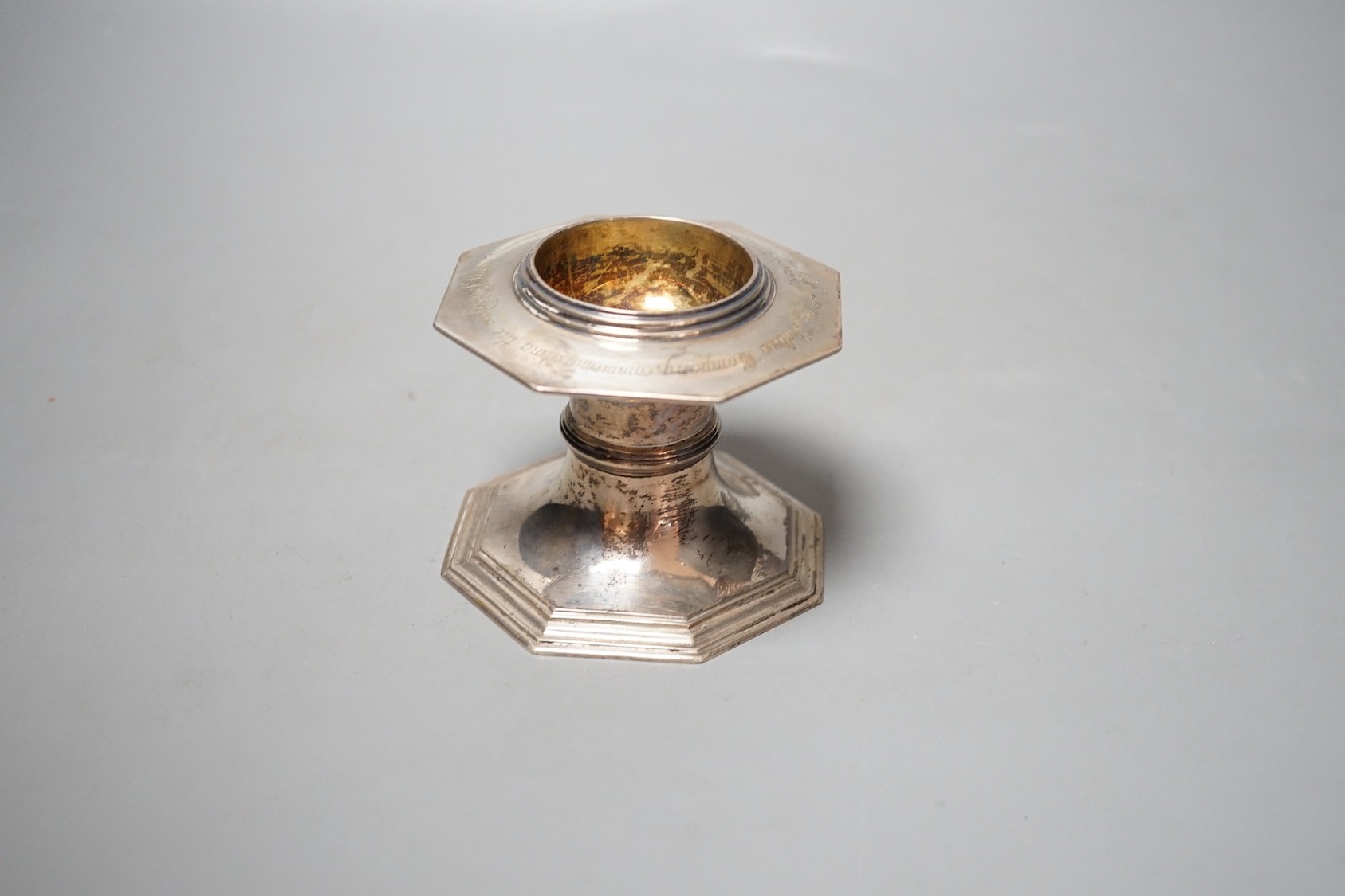 A George V miniature silver presentation font, inscribrd 'The Gift of the Salter's Company Commemorating the Victory of The Allies in The Great War 1914-1918, D&J Welby, London, 1919, 76mm, 7.5oz.